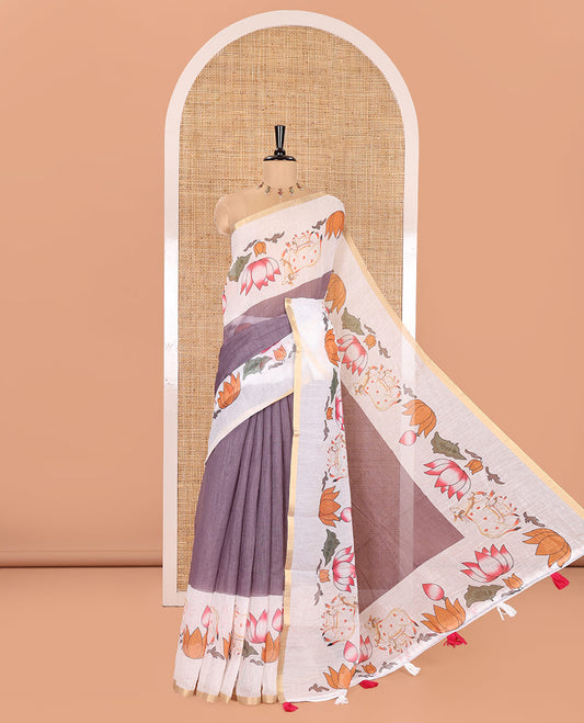 Grey Plain Linen Cotton Saree, Complemented by a Contrast Border Depicting Pichwai Cow and Lotus Motifs Print, Pallu of the Same Body Print, and Paired with a Contrast Blouse