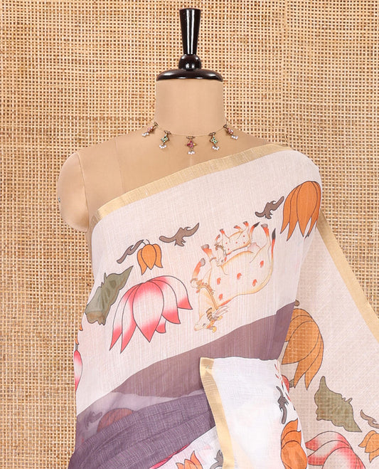 Grey Plain Linen Cotton Saree, Complemented by a Contrast Border Depicting Pichwai Cow and Lotus Motifs Print, Pallu of the Same Body Print, and Paired with a Contrast Blouse