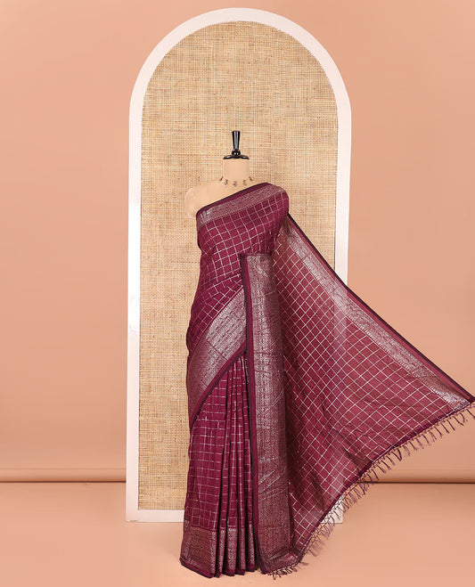 Purple Vichitra Saree, Ornamented with Medium-Sized Checked Design on Its Body, Highlighted by a Traditional Design Border, Self-Pallu, and Comes Without a Blouse