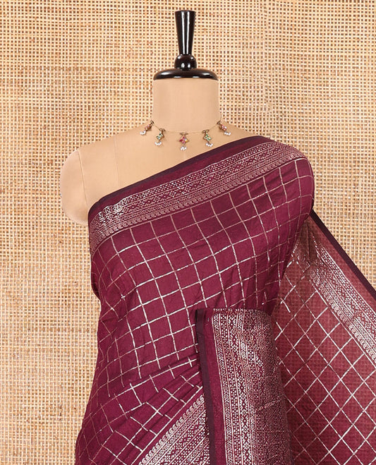 Purple Vichitra Saree, Ornamented with Medium-Sized Checked Design on Its Body, Highlighted by a Traditional Design Border, Self-Pallu, and Comes Without a Blouse