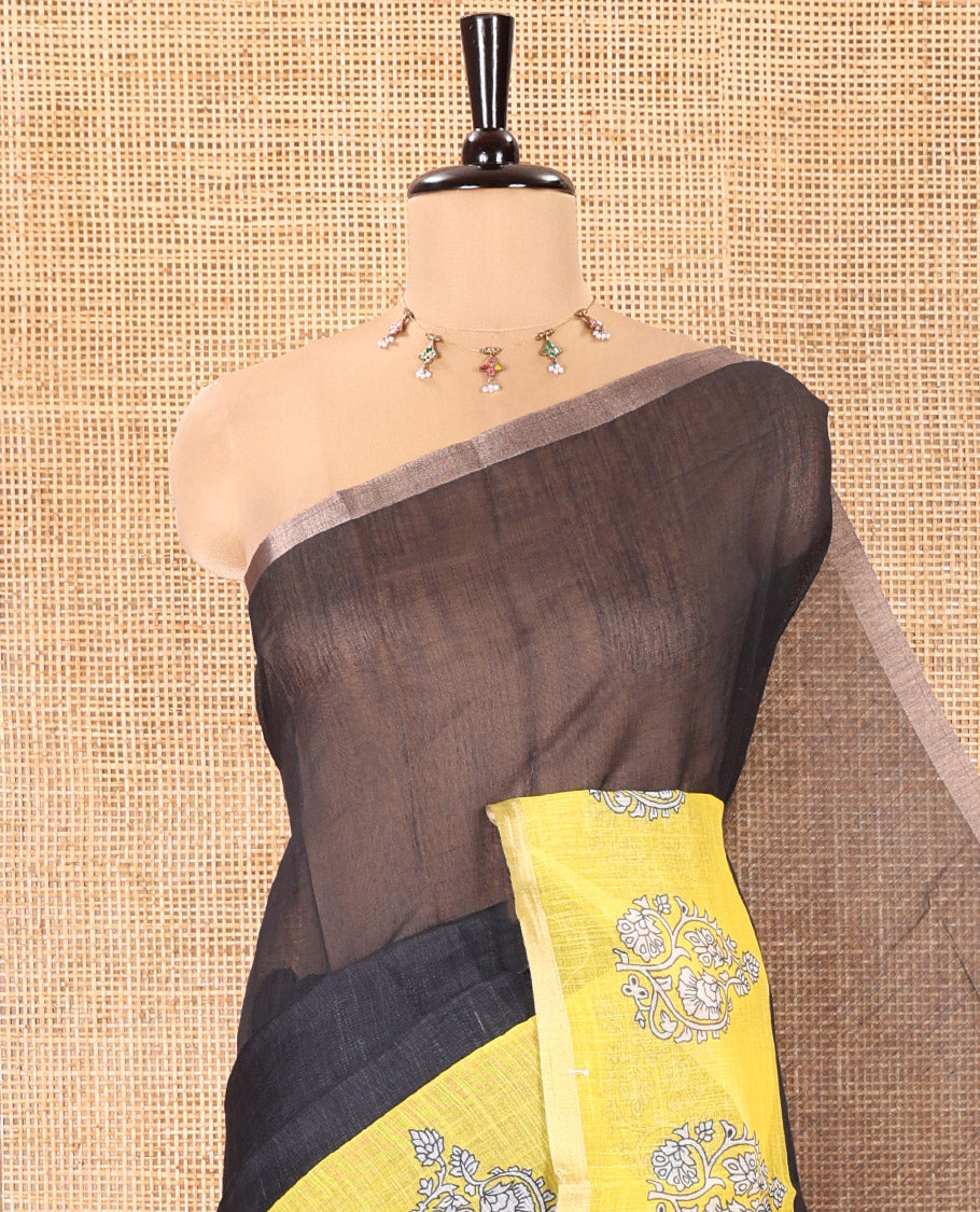 Black Plain Linen Cotton Saree, Complemented by Captivating Contrast Floral Motifs Printed Border, Printed Pallu, and Paired with a Printed Blouse