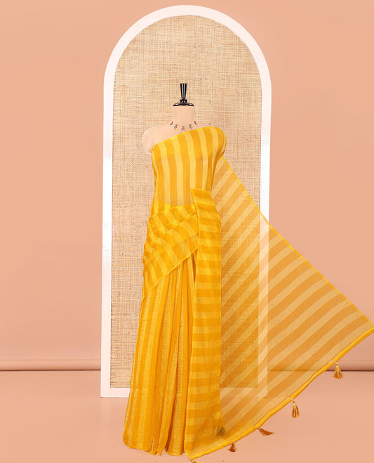 Borderless Yellow Light Weight Chiffon Saree, Finely Printed with Vertical Stripes All Over Its Body, Subtle Self-Pallu, and Paired with a Matching Blouse