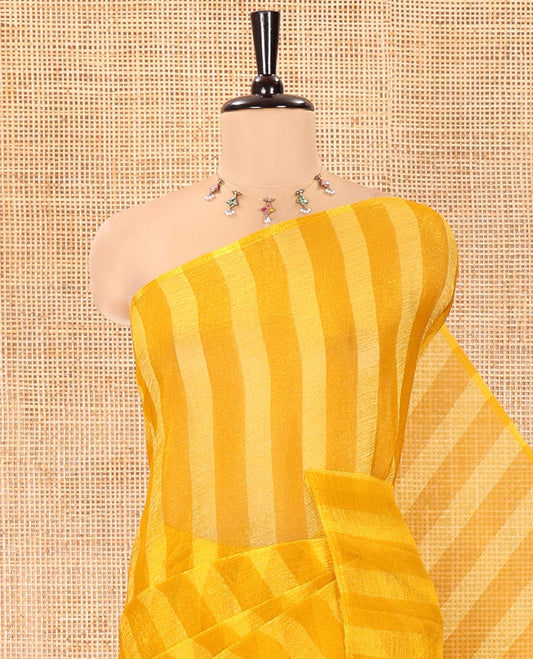 Borderless Yellow Light Weight Chiffon Saree, Finely Printed with Vertical Stripes All Over Its Body, Subtle Self-Pallu, and Paired with a Matching Blouse