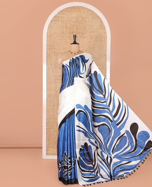 Borderless Cream and Blue Art Khadi Cotton Saree, Crafted with Batik Print-Style Vines Print on Its Body, Self-Pallu of Batik Print, and Paired with a Printed Blouse