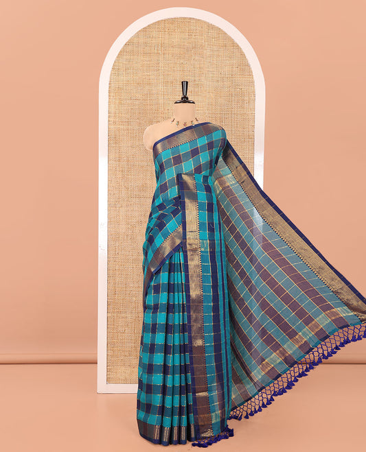 Blue Checked Khadi Mul Cotton Saree, Highlighted by Zari Traditional Border, Zari Checked Pallu, and Paired with a Matching Blouse