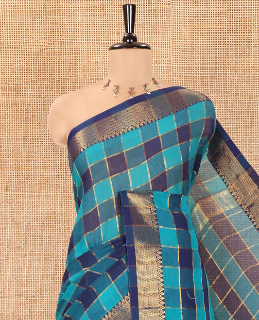 Blue Checked Khadi Mul Cotton Saree, Highlighted by Zari Traditional Border, Zari Checked Pallu, and Paired with a Matching Blouse