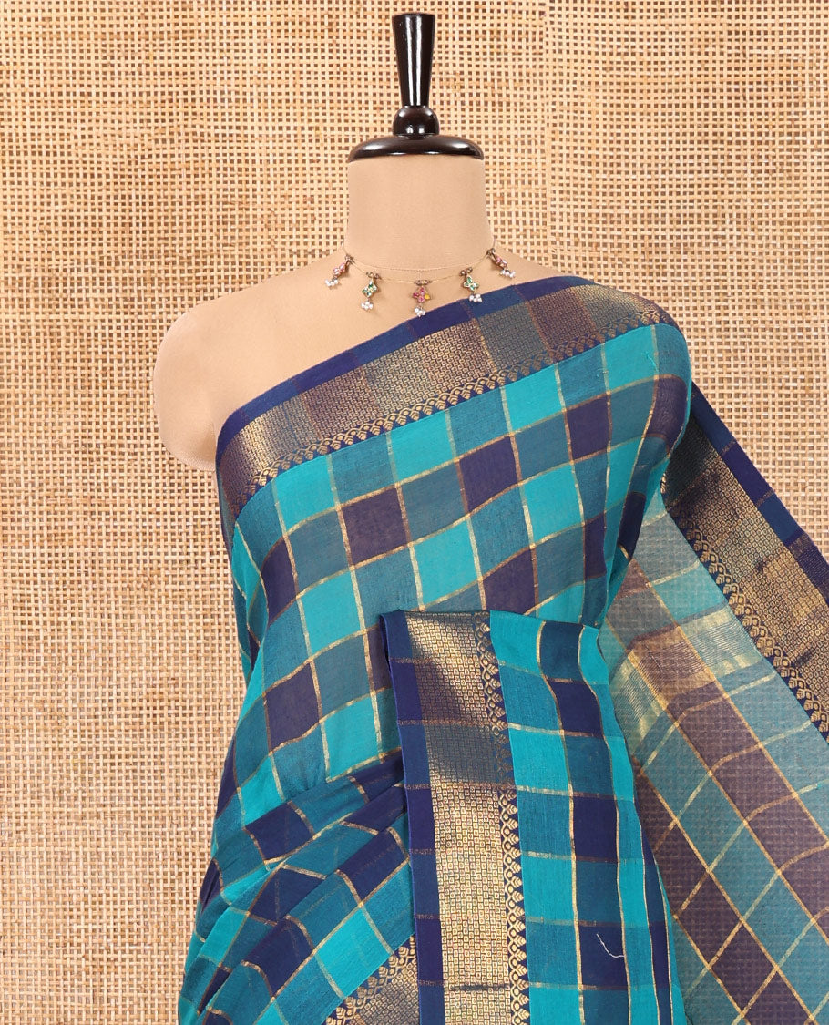 Blue Checked Khadi Mul Cotton Saree, Highlighted by Zari Traditional Border, Zari Checked Pallu, and Paired with a Matching Blouse