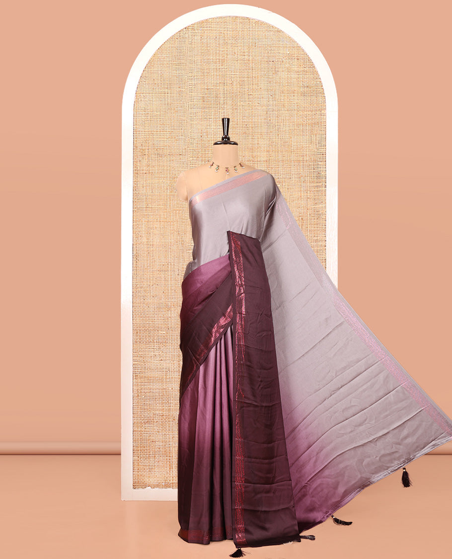 Brown Ombre Plain Satin Crepe Saree, Subtle Zari Border, Plain Pallu, and Comes without a Blouse