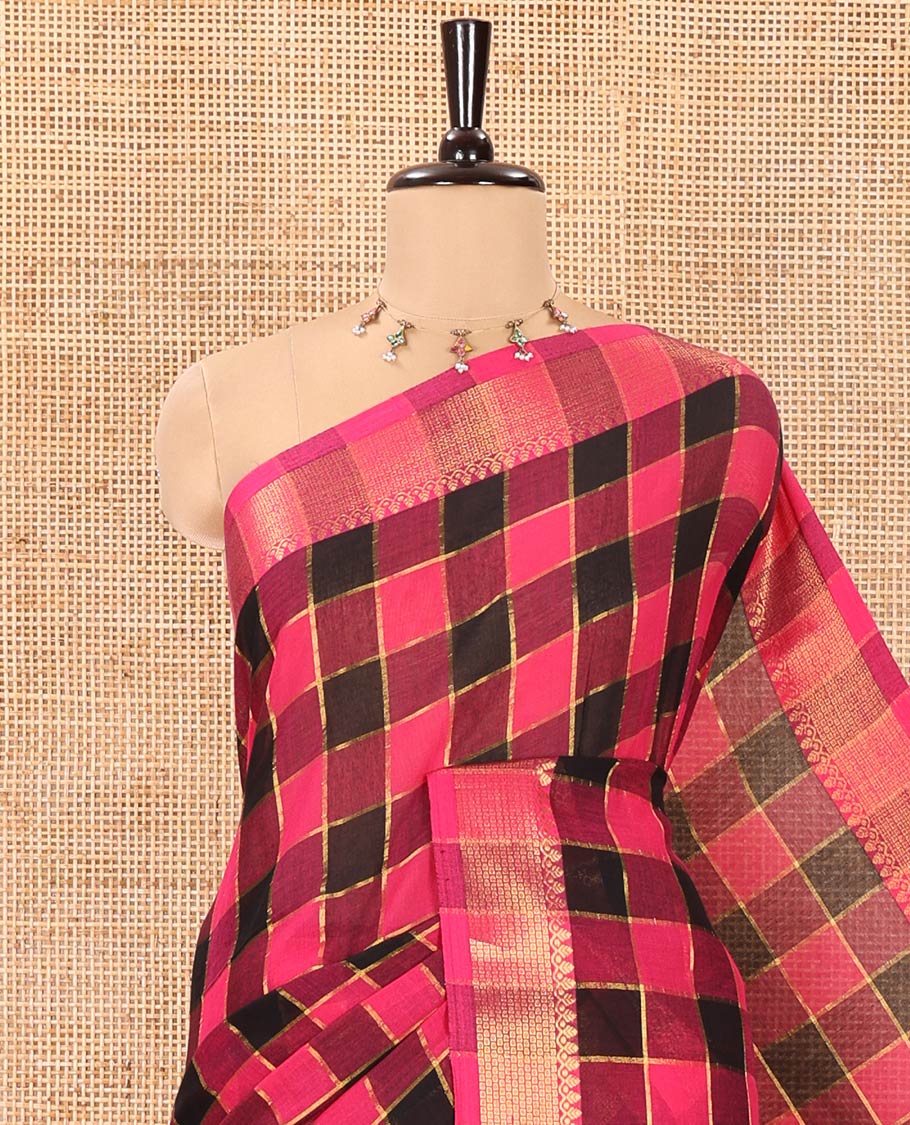 Pink Checked Khadi Mul Cotton Saree, Highlighted by Zari Traditional Border, Zari Checked Pallu, and Paired with a Matching Blouse