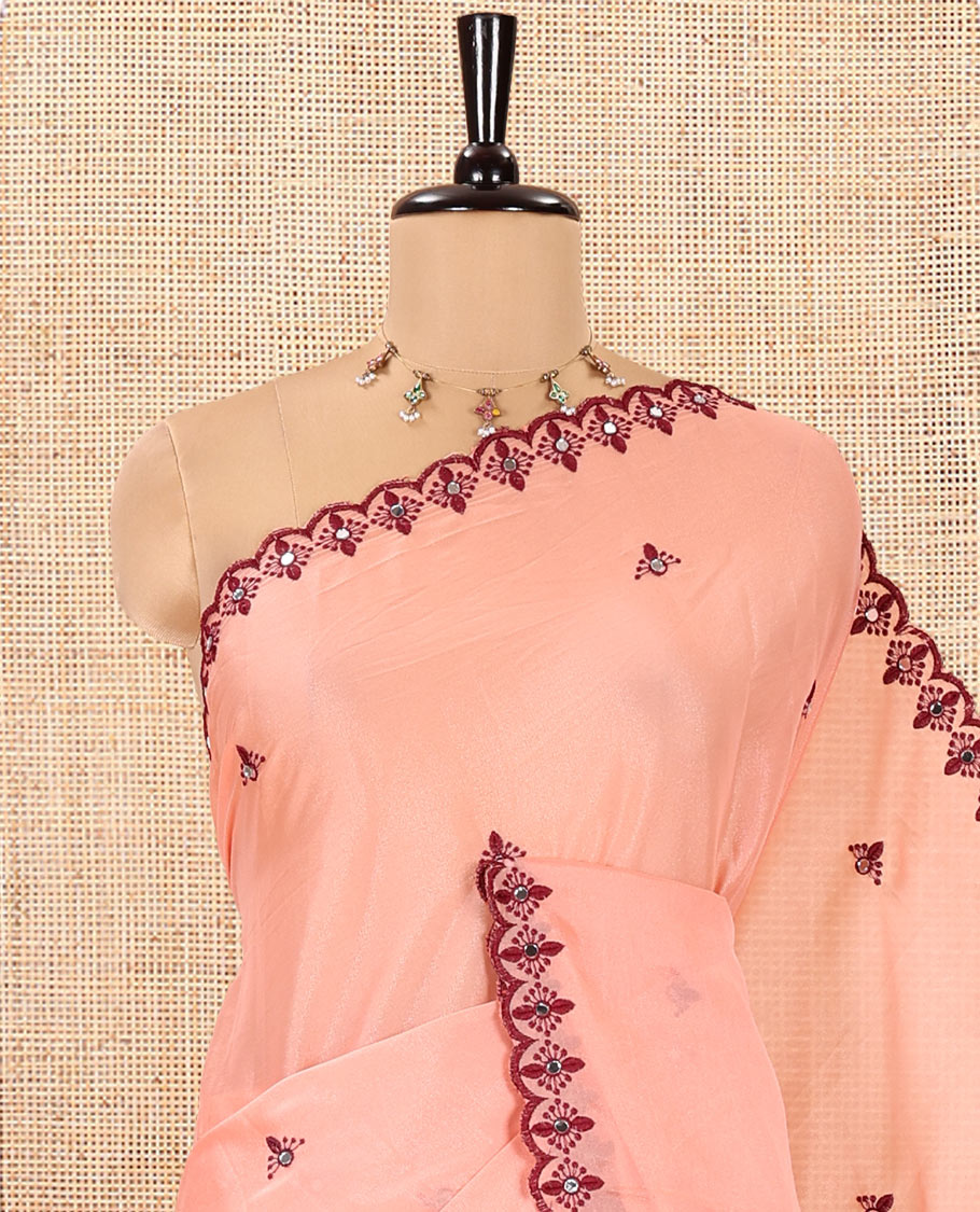 Peach Rangoli Chiffon Saree, Adorned with Thread and Mirror Work Buttas on Its Body, Subtle Scallop Embroidered Border, Embroidered Pallu, and Paired with a Contrast Mirror Work Blouse