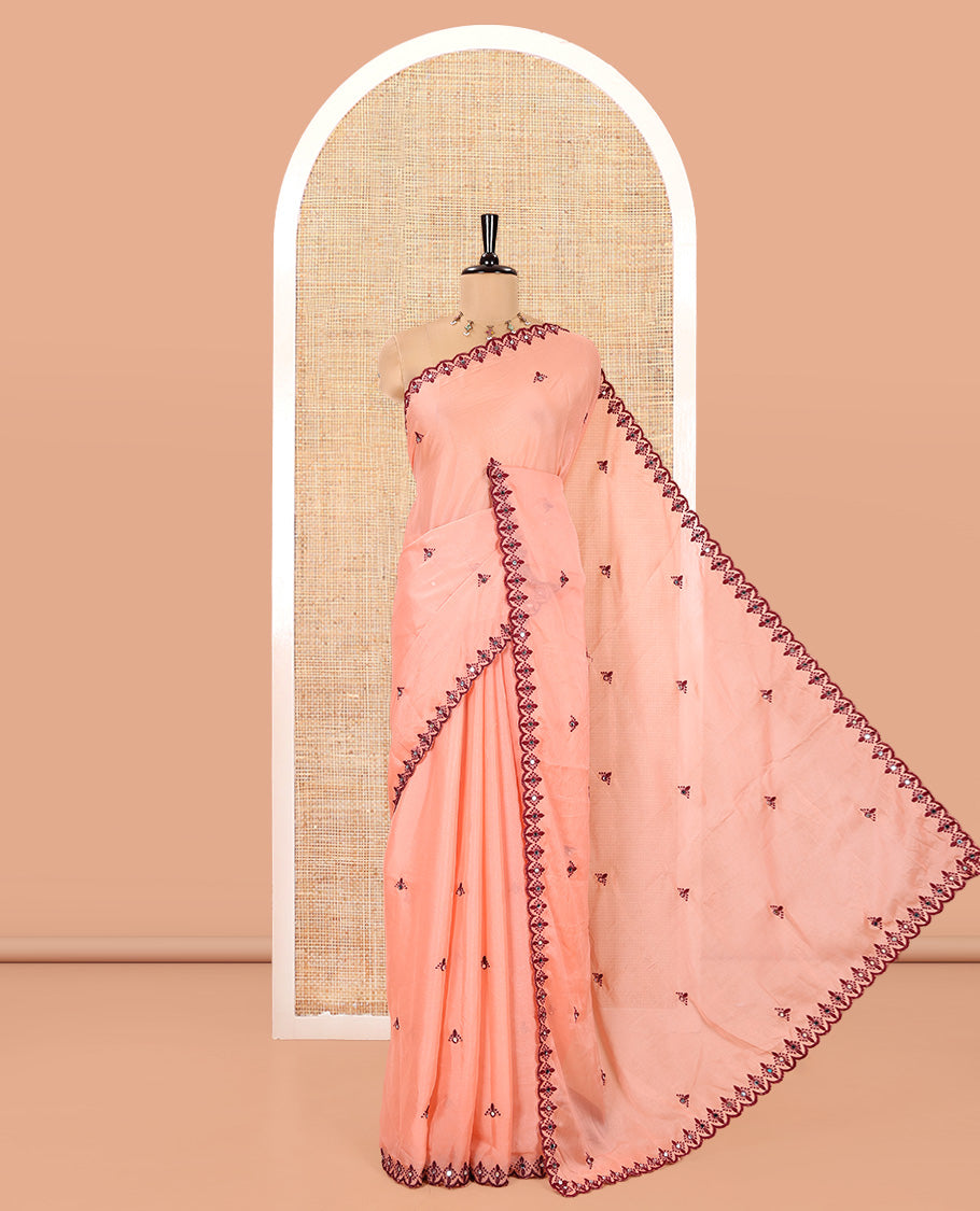 Peach Rangoli Chiffon Saree, Adorned with Thread and Mirror Work Buttas on Its Body, Subtle Scallop Embroidered Border, Embroidered Pallu, and Paired with a Contrast Mirror Work Blouse