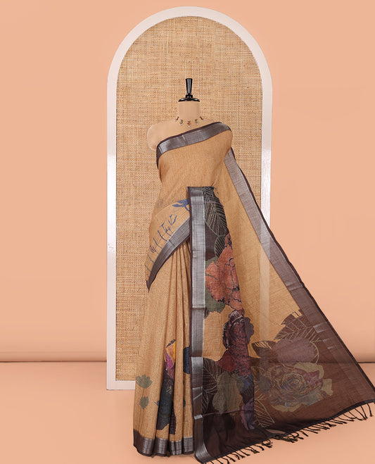 Mustard Linen Cotton Saree, Adorned with Tropical Floral Print on Its Body, Complemented by a Contrast Plain Border, Floral Printed Pallu, and Paired with a Contrast Blouse