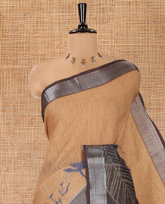 Mustard Linen Cotton Saree, Adorned with Tropical Floral Print on Its Body, Complemented by a Contrast Plain Border, Floral Printed Pallu, and Paired with a Contrast Blouse