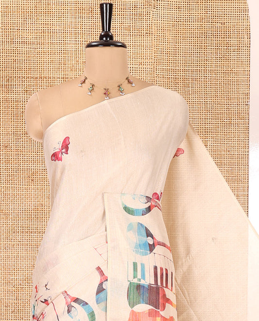 Borderless Gold Tissue Saree, Artfully Detailed with Butterfly and Musical Instruments Printed on Its Body, Self-Pallu of Butterfly and Musical Instruments Print, and Paired with a Matching Blouse