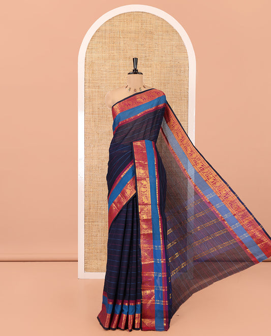 Navy Blue Chettinad Cotton Saree, Adorned with Stripes All Over Its Body, Complemented by Contrast Rettai Pettu Traditional Zari Design Border, Striped Pallu, and Has No Blouse