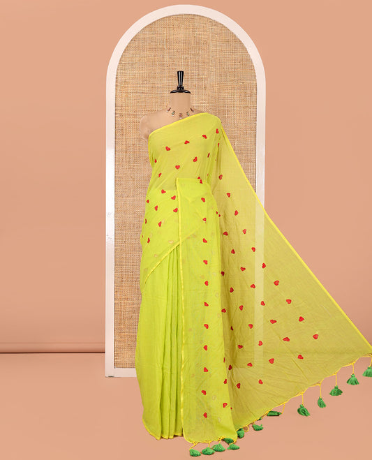 Borderless Parrot Green Mul Cotton Saree, Delicately Woven with Heart Motifs Embroidered All Over Its Body, a Self-Pallu, and Paired with a Matching Blouse