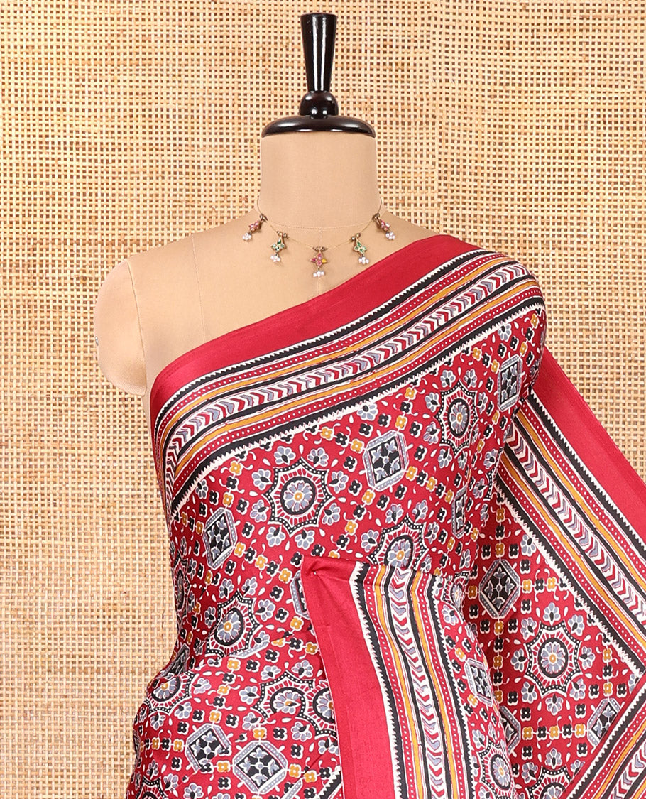 Maroon Satin Crepe Saree, Accentuated with Intricately Ajrakh Print All Over Its Body, a Self-Border, Ajrakh Printed Pallu, and Paired with a Matching Blouse
