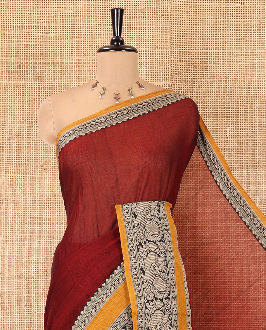 Maroon Plain Mercerised Cotton Saree, Complemented by a Contrast Rettai Pettu Border of Paisley, and Peacock Designs, Striped Pallu, and Paired with a Matching Blouse