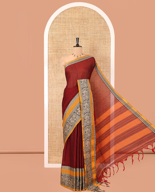 Maroon Plain Mercerised Cotton Saree, Complemented by a Contrast Rettai Pettu Border of Paisley, and Peacock Designs, Striped Pallu, and Paired with a Matching Blouse