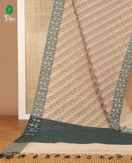 Chikku color with green cross fancy design banaras soft kotta saree with thread woven border & chit pallu along with running blouse