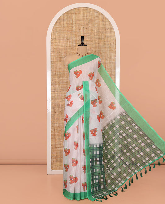 Cream Linen Cotton Saree, Artfully Printed with Stawberry Motifs All Over Its Body, Complemented by a Contrast Border, Checked Design-Printed Pallu, and Paired with a Contrast Blouse