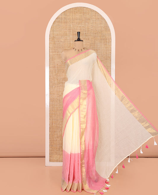Off-White-Pink Plain Half-And-Half-Style Khadi Mul Cotton Saree with a Zari Border, and No Blouse