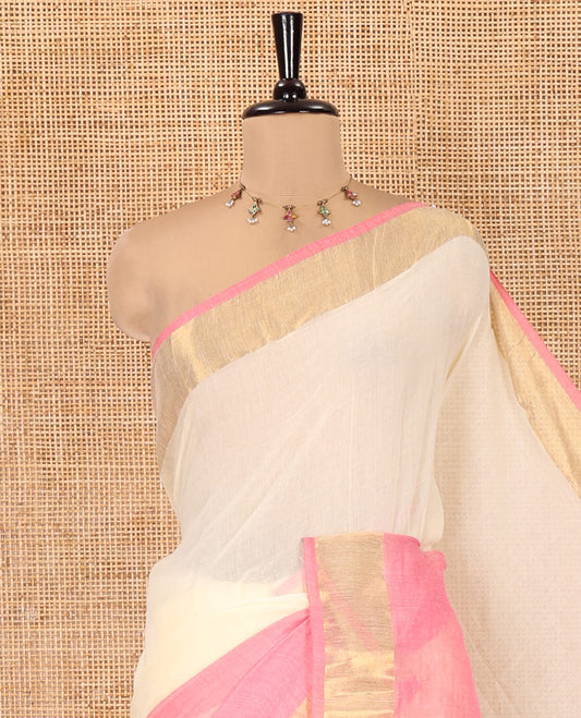 Off-White-Pink Plain Half-And-Half-Style Khadi Mul Cotton Saree with a Zari Border, and No Blouse