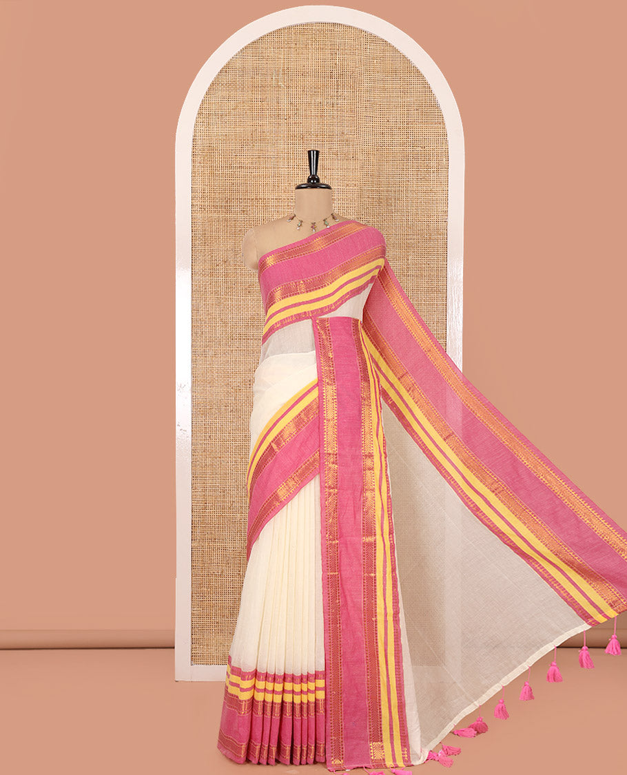 Cream Plain Khadi Mul Cotton Saree, Complemented by a Contrast Traditional Zari Varisai Pettu Border, and a Matching Blouse