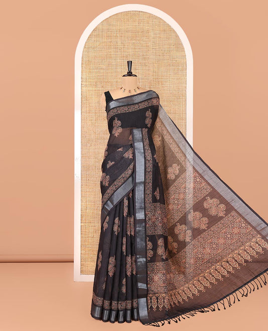 Black Linen Cotton Saree, Subtly Enriched with Ajrakh-Style Floral Motifs Block Print, a Subtle Zari Border, Pallu of Ajrakh-Style Intricate Print, and Paired with a Matching Blouse