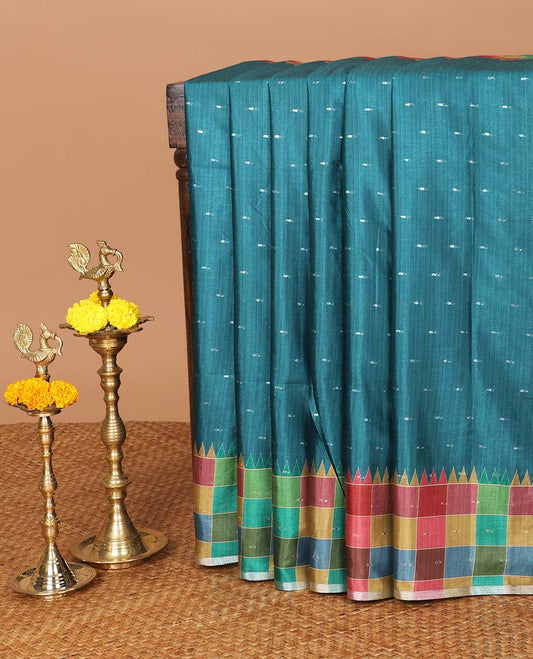 Peacock green thousand butta zari design kathan silk saree with checks border & checks design pallu & checks blouse