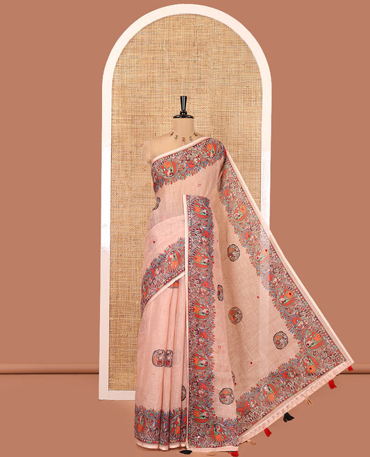Beige Linen Cotton Saree, Artfully Printed with Madhubani Motifs and Mirrorwork, Printed Border, and a Matching Blouse