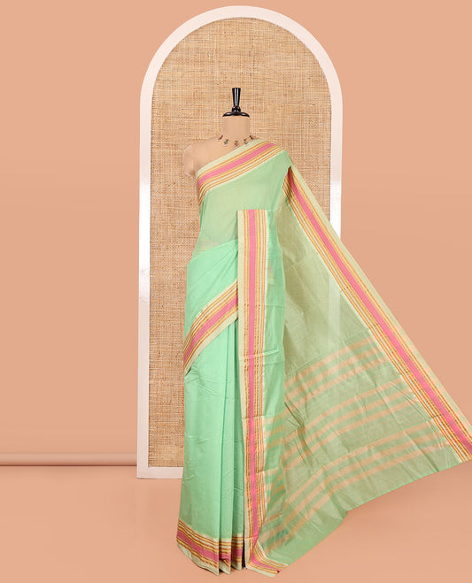 Parrot Green Plain Mercerised Cotton Saree, Complemented by Contrast Traditional Border, Striped Pallu, and a Matching Blouse