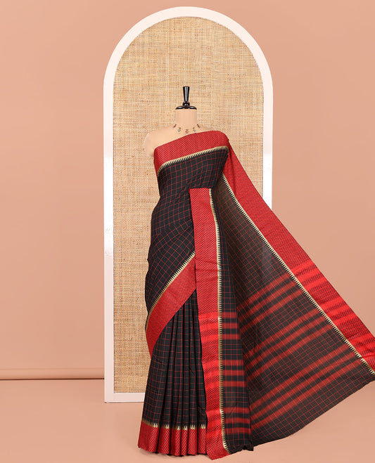 Black Checked Mercerised Cotton Saree, Contrast Temple Ara Maadam Border, Striped Pallu, and Matching Blouse