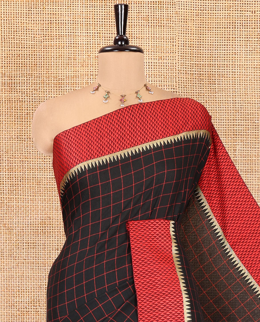 Black Checked Mercerised Cotton Saree, Contrast Temple Ara Maadam Border, Striped Pallu, and Matching Blouse