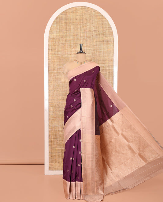 Wine Kanchi Silk Saree Features Mayil-Chakram Buttas, a Contrast Traditional Border, Jaal Pallu, and a Contrast Blouse