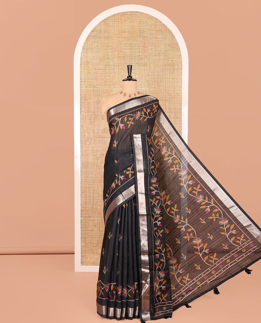 Black Jute Linen Saree Features Jamdani Floral Motifs, a Zari Border, Pallu of Jamdani Floral Design, and a Plain Blouse