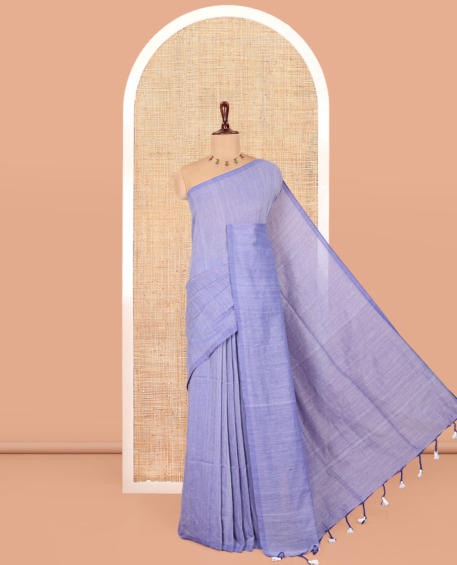Borderless Blue Plain Khadi Cotton Saree, a Self-Pallu with Tassels, and a Matching Blouse