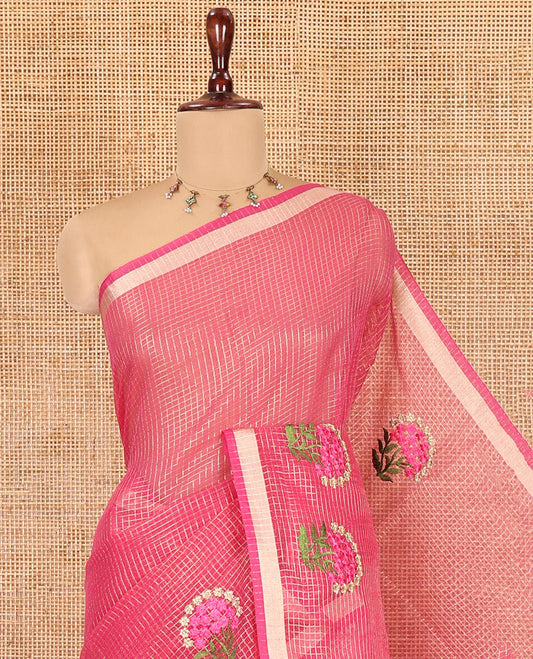 Rani Pink Kota Doria Saree, Adorned with Zari Checks and Floral Embroidery, a Piping Border, Matching Blouse