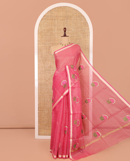 Rani Pink Kota Doria Saree, Adorned with Zari Checks and Floral Embroidery, a Piping Border, Matching Blouse