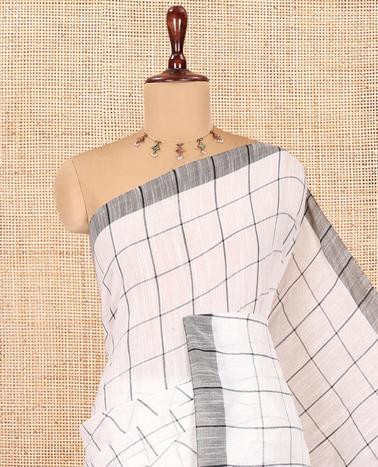 White Checked Khadi Linen Saree, a Contrast Border, Striped Pallu, and Matching Blouse