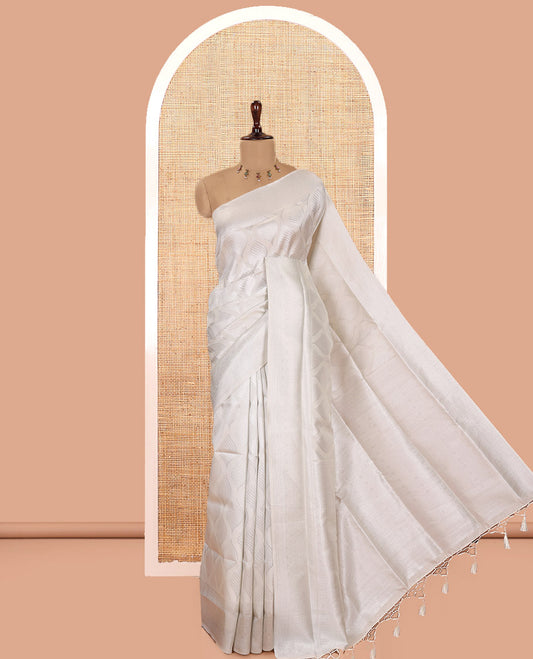 Off-white Elite Soft Silk Saree, Subtly Sparkled with Ogee Jacquard Design, a Traditional Zari Border, Zari Pallu, and a Matching Blouse