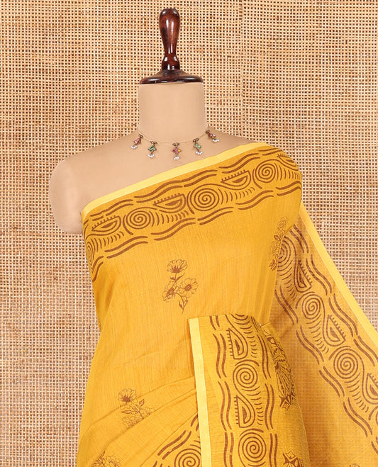 Yellow Khadi Cotton Saree, Decked Up with Flower Motifs, Printed Border, Contrast-Printed Pallu, and a Contrast Blouse