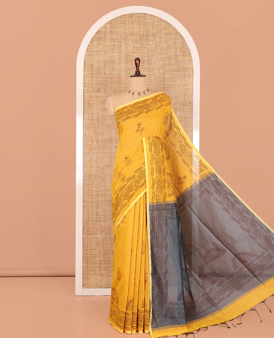 Yellow Khadi Cotton Saree, Decked Up with Flower Motifs, Printed Border, Contrast-Printed Pallu, and a Contrast Blouse