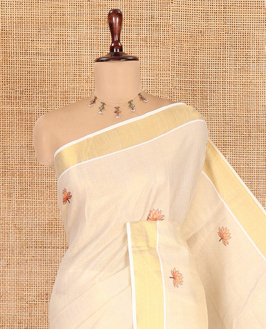 Gold Kerala Cotton Saree, Accentuated with Flower Motif Print, a Zari Border, Pallu of Temple Motifs, and a Contrast Blouse