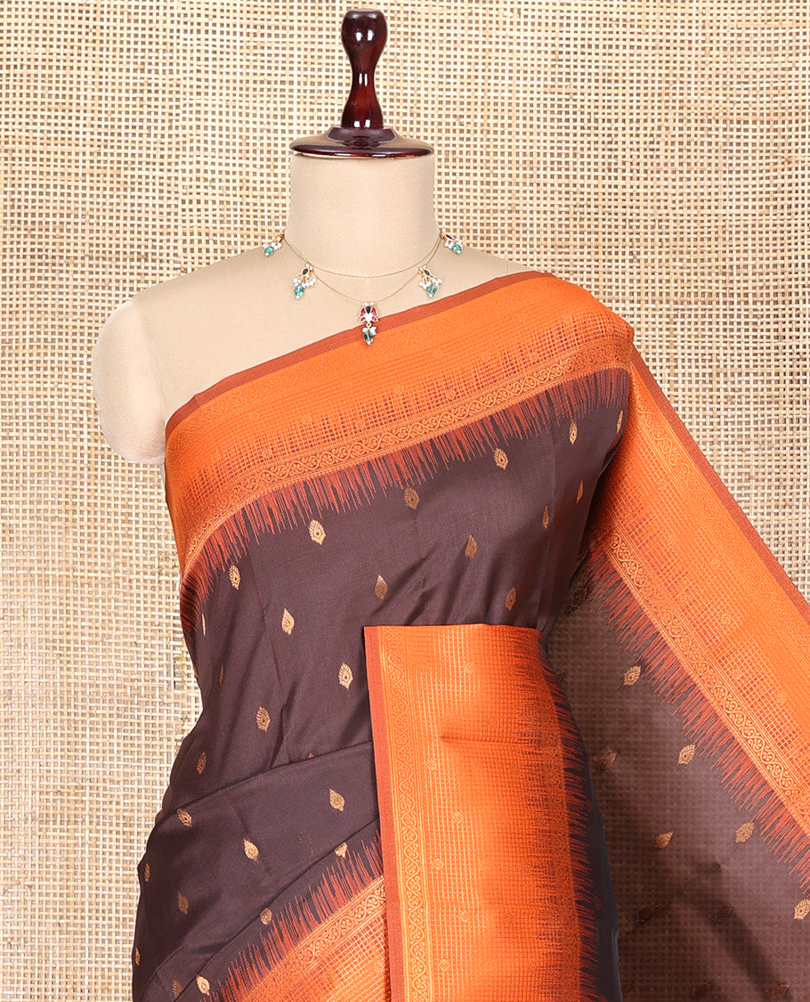Brown Art Kanchi Silk Saree, Adorned with Buttas, a Contrast Traditional Zari Border, Intricate Pallu, and a Contrast Blouse