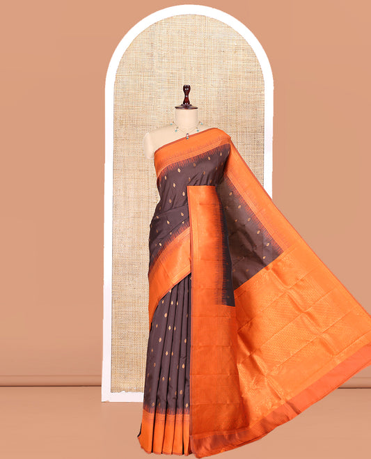 Brown Art Kanchi Silk Saree, Adorned with Buttas, a Contrast Traditional Zari Border, Intricate Pallu, and a Contrast Blouse