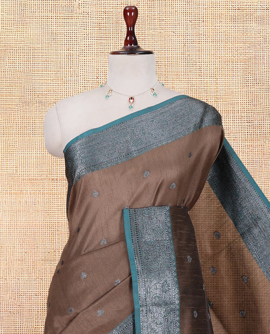 Brown Semi-Raw Silk Saree Features Thread Buttas, Contrast Intricate Border, Striped Pallu, and a Contrast Blouse