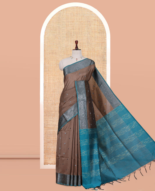 Brown Semi-Raw Silk Saree Features Thread Buttas, Contrast Intricate Border, Striped Pallu, and a Contrast Blouse