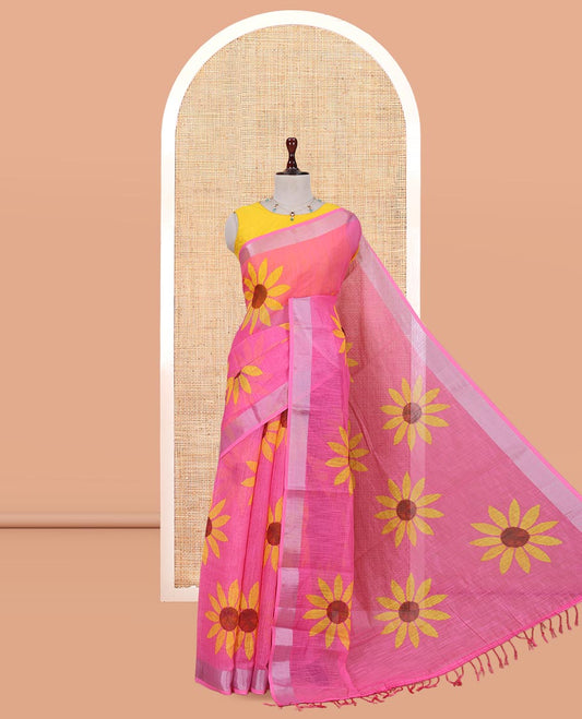 Rani Pink Linen Cotton Saree, Beautified with Sunflower Print, a Zari Border, and a Matching Blouse