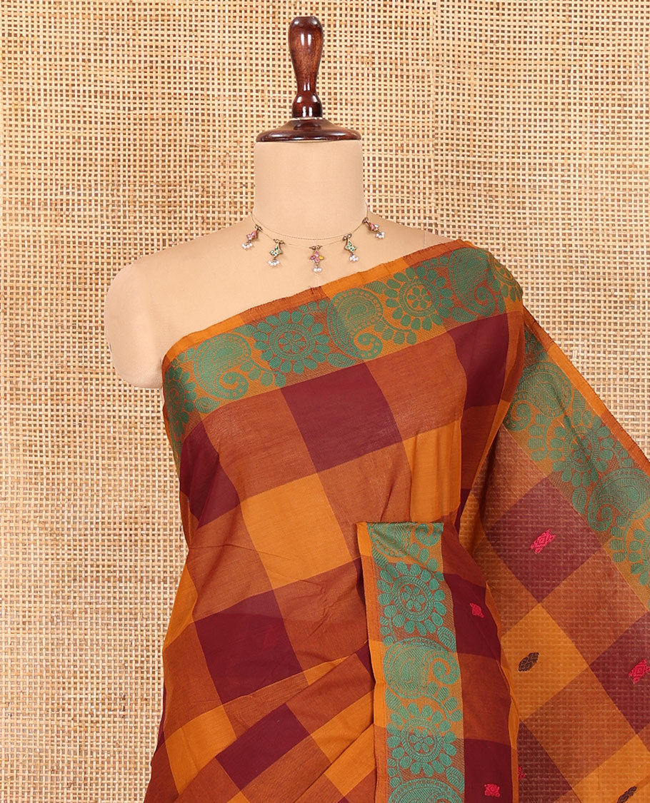 Mustard-Wine Checked Chettinad Cotton Saree, Subtly Woven with Buttas, a Subtle Floral-Chakram Border, and a Matching Blouse